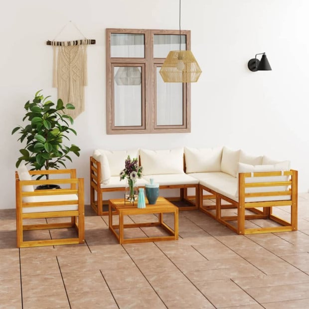 7 Piece Garden Lounge Set With Cushion Cream Solid Wood Image 2