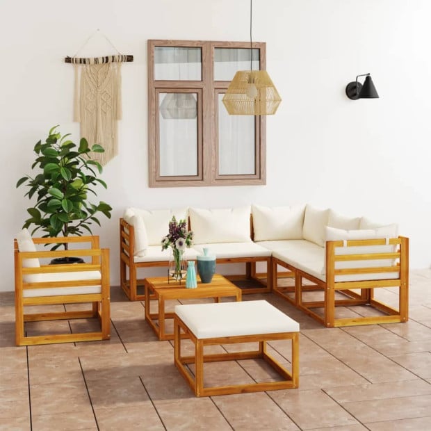 8 Piece Garden Lounge Set With Cushion Cream Solid Wood - 2 x Middle sofa Image 2