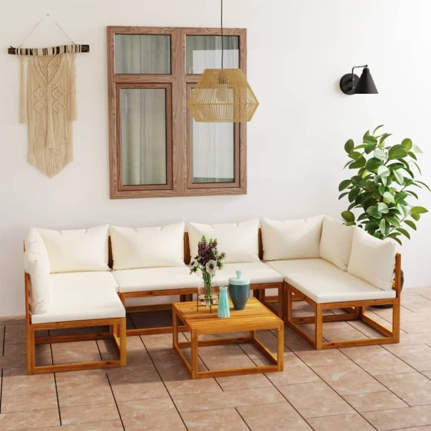 7 Pc Solid Acacia Wood Garden Lounge Set With Cushion Cream Image 2