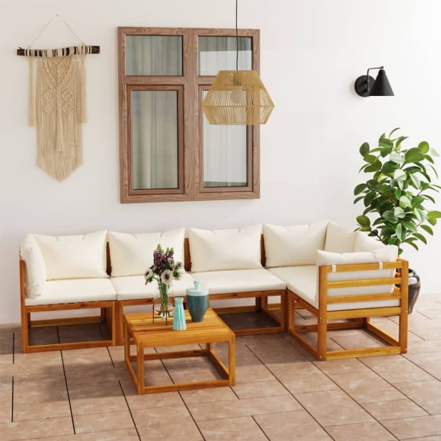 6 pc Garden Lounge Set With Cushion Cream Solid Acacia Wood Image 2