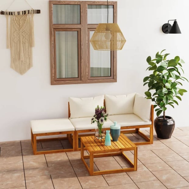 4 Piece Acacia Wood Solid Garden Lounge Set With Cushion Cream Image 2