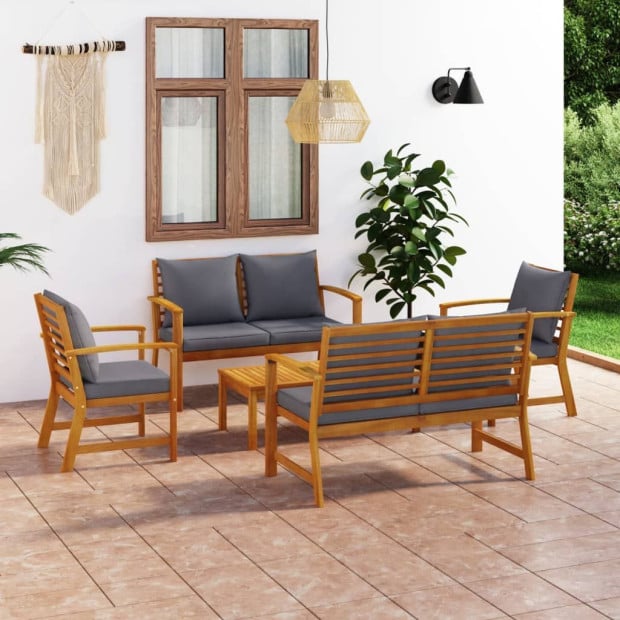 5 Piece Acacia Wood Garden Lounge Set with Cushions- Grey Image 2