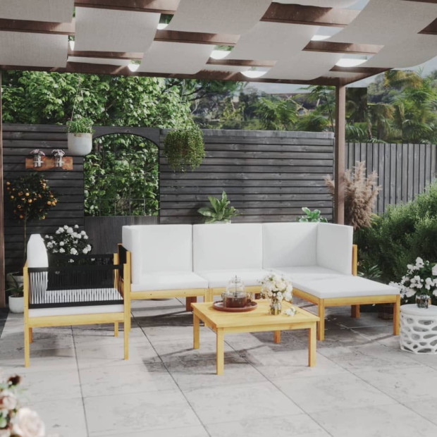 6 Piece Garden Lounge Set With Cushions Cream Solid Acacia Wood Image 2