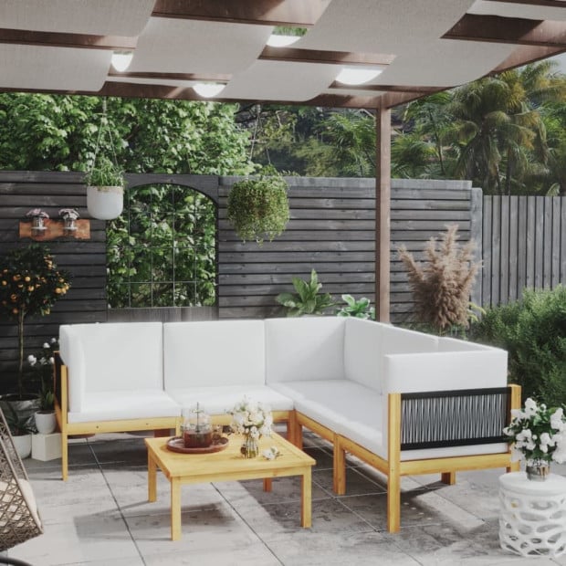 6pc Garden Lounge Set w/ Cushions Cream Solid Acacia Wood Image 2
