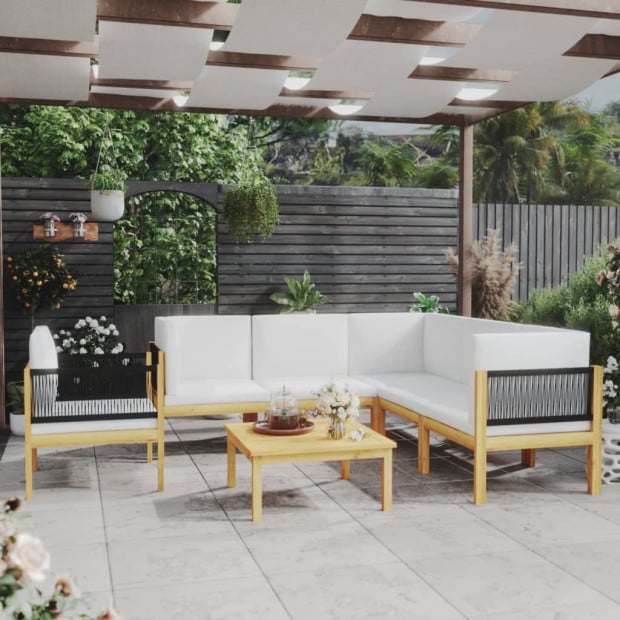 7 Piece Garden Lounge Set w/ Cushions Cream Solid Acacia Wood Image 2