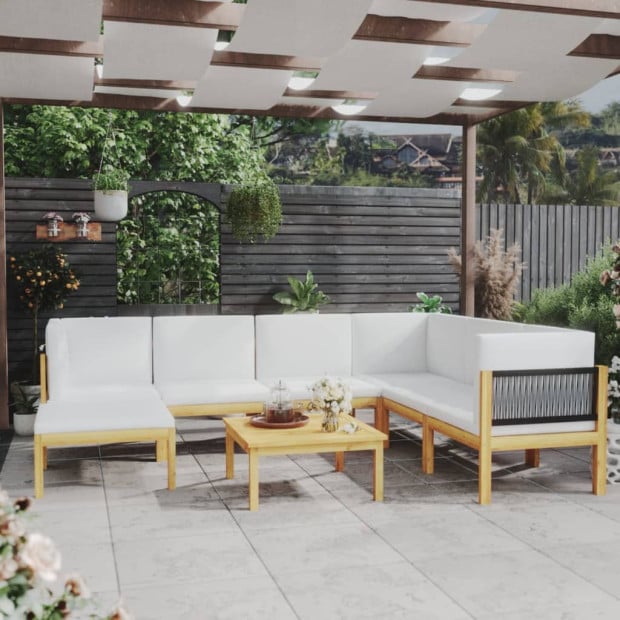 8 Piece Garden Lounge Set w/ Cushions Cream Solid Acacia Wood Image 2