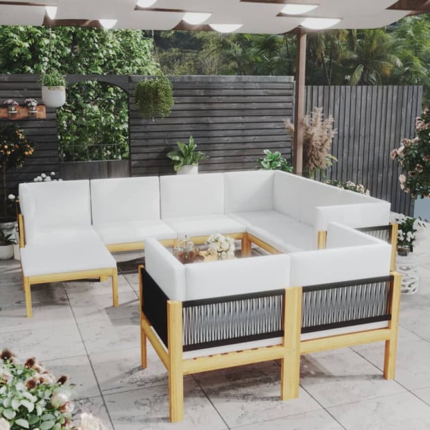 10 Piece Garden Lounge Set With Cushions Cream Solid Acacia Wood Image 2