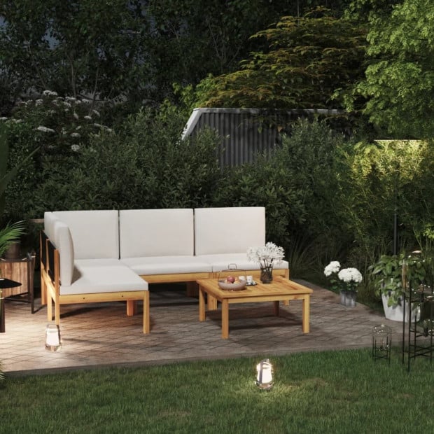 5pc Garden Lounge Set w/ Cream Cushions Solid Acacia Wood Image 2