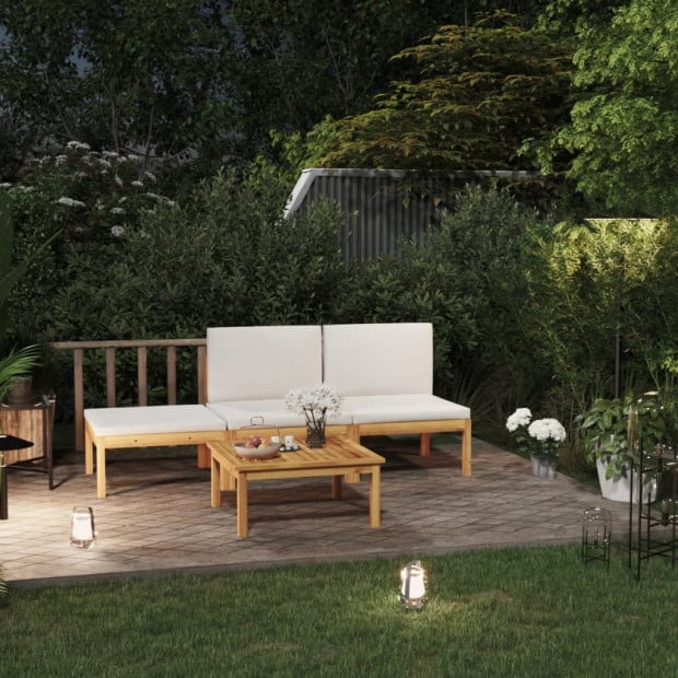 4 Piece Garden Lounge Set With Cushions Cream Solid Acacia Wood Image 2