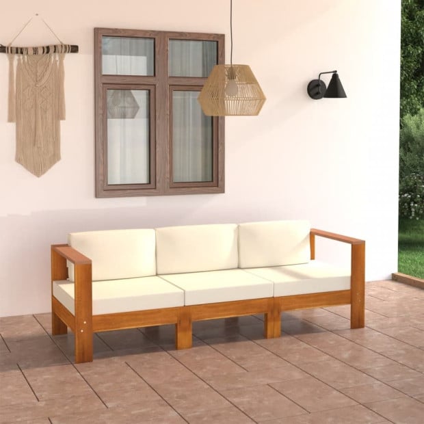 3-seater Garden Sofa With Cream White Cushions Solid Acacia Wood Image 2