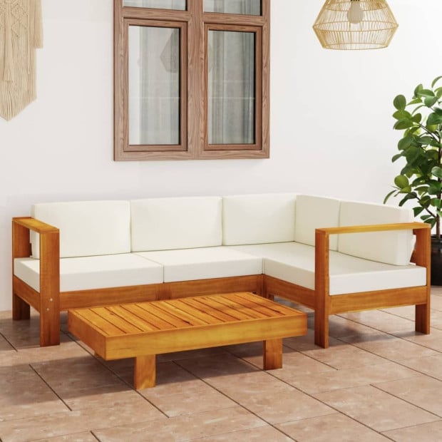 5 Piece Garden Lounge Set With Cream White Cushions Acacia Wood Image 2