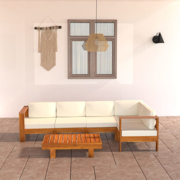 6 Piece Garden Lounge Set With Cream White Cushions Acacia Wood Image 2
