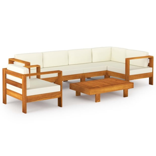 7 Piece Garden Lounge Set With Cream White Cushions Acacia Wood