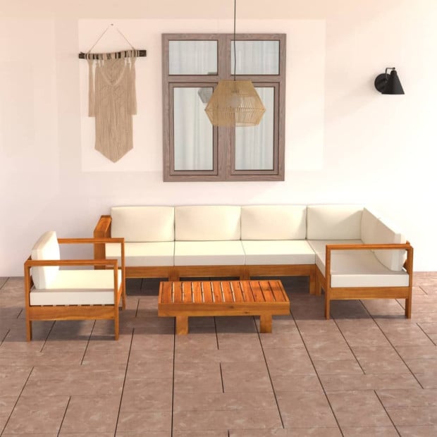 7 Piece Garden Lounge Set With Cream White Cushions Acacia Wood Image 2
