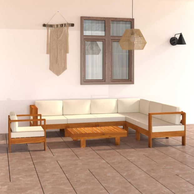 8 Piece Garden Lounge Set With Cream White Cushions Acacia Wood Image 2