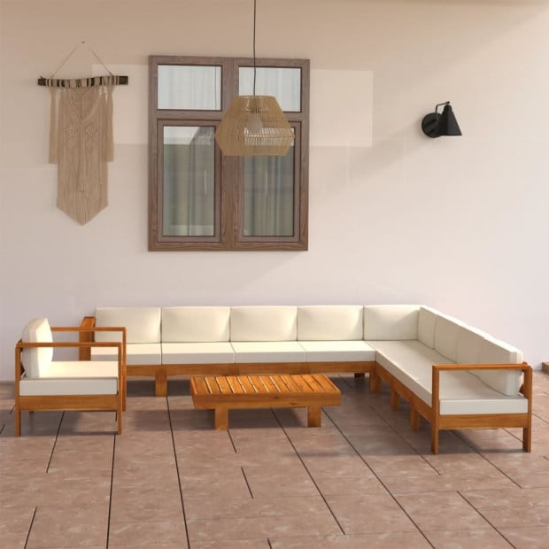 10 Piece Garden Lounge Set With Cream White Cushions Acacia Wood Image 2