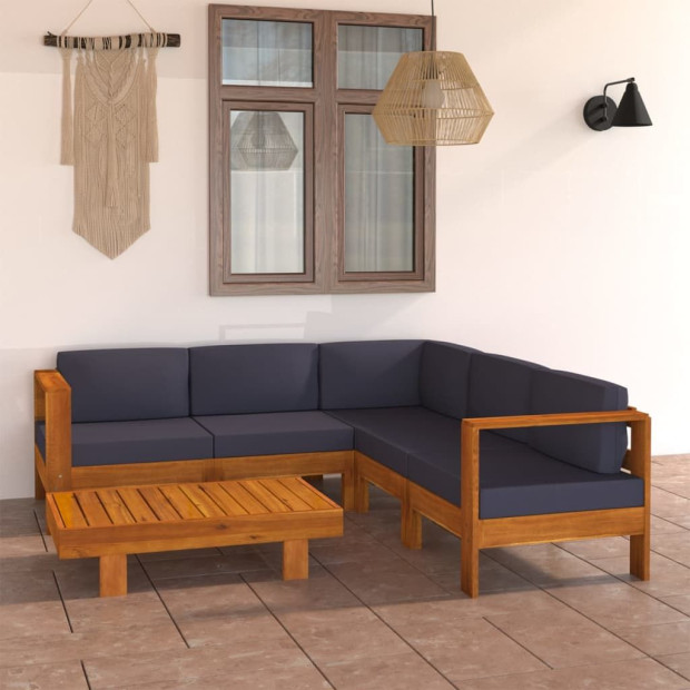6 Piece Garden Lounge Set w/ Dark Grey Cushions Acacia Wood Image 2