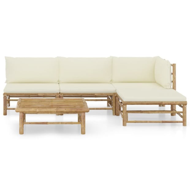 5 Piece Garden Lounge Set With Cream White Cushions Bamboo Image 2