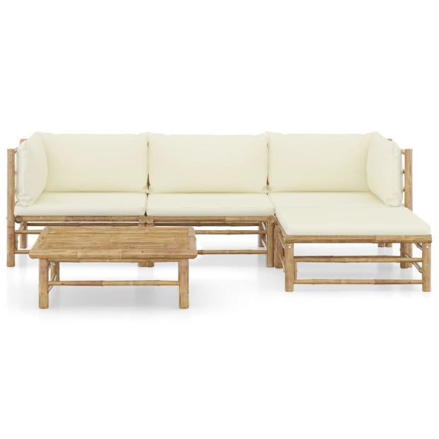 5 Piece Garden Lounge Set w/ Cream White Cushions Bamboo Image 2