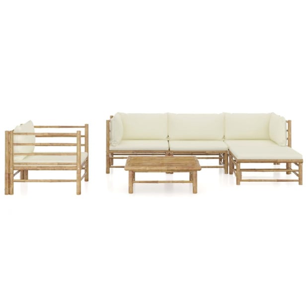 6 Piece Garden Lounge Set With Cream White Cushions Bamboo Image 2