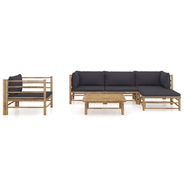 6 Piece Bamboo Garden Lounge Set With 6 Back Cushions - Dark Grey Image 2