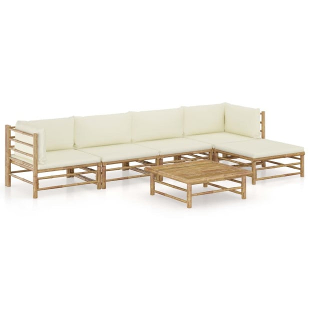 6 Piece Bamboo Garden Lounge Set With 6 Back Cushions - Cream White