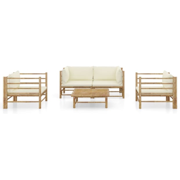 5 Piece Bamboo Garden Lounge Set w/ Cream White Cushions Image 2