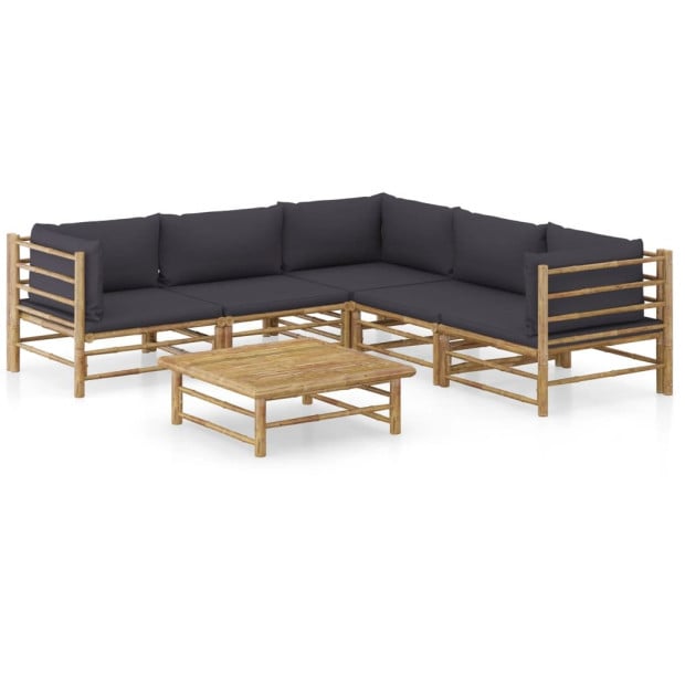 6 Piece Bamboo Garden Lounge Set With 8 Back Cushions - Dark Grey