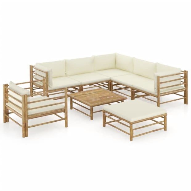 8 Piece Garden Lounge Set With Cream White Cushions Bamboo
