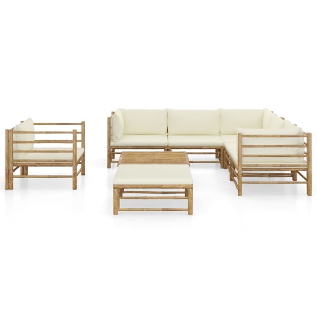 8 Piece Garden Lounge Set With Cream White Cushions Bamboo Image 2