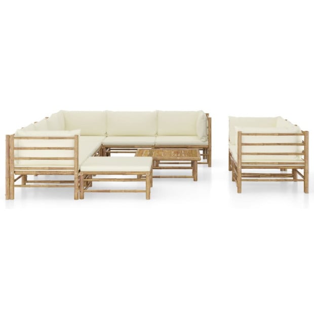 10 Piece Garden Lounge Set With Cream White Cushions Bamboo Image 2