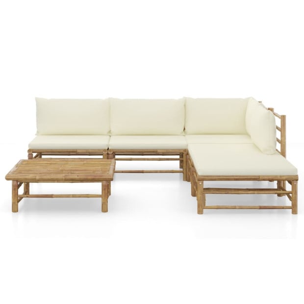 6 Piece Bamboo Garden Lounge Set With 5 Back Cushions - Cream White Image 2