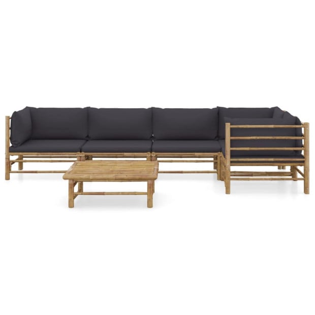6 Piece Bamboo Garden Lounge Set w/ Dark Grey Cushions Image 2