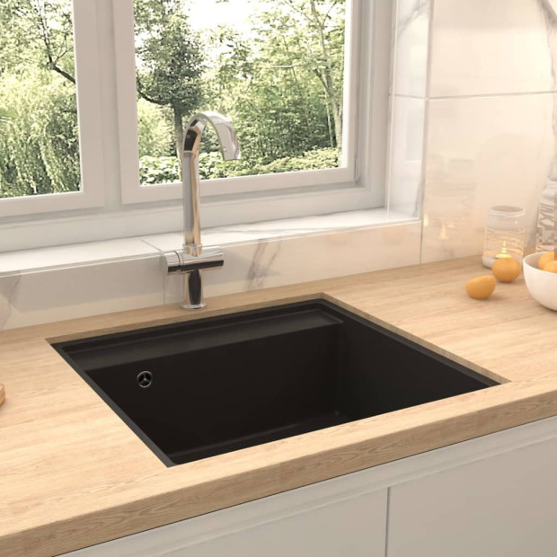 Kitchen Sink With Overflow Hole Black Granite 530 x 500 x 203 mm