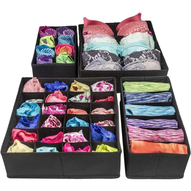 4 Pack Foldable Drawer Dividers Storage Boxes Black