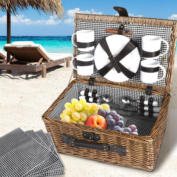 Picnic Basket Set 4 Person Willow Baskets Deluxe Travel Camping Image 8