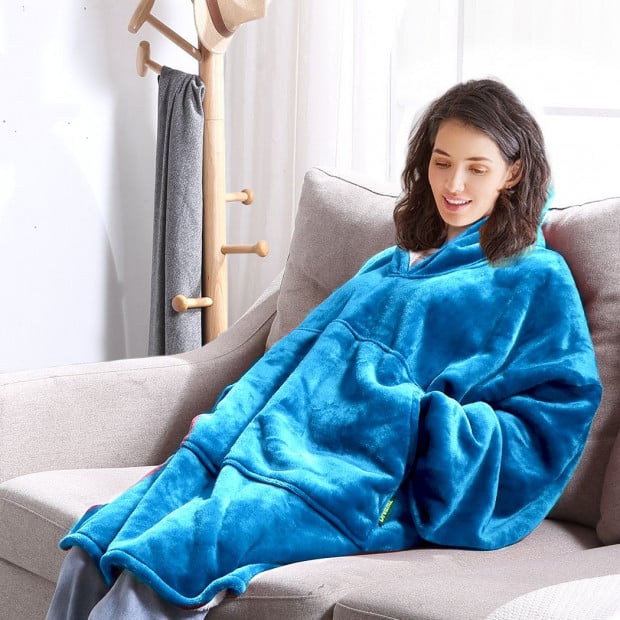 DreamZ Warm Fleece Sherpa Hoodie Sweatshirt Blanket Pajamas Blue Image 8