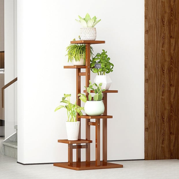 5 Tiers Vertical Bamboo Plant Stand Flower Shelf Rack - Dark Wood Image 2