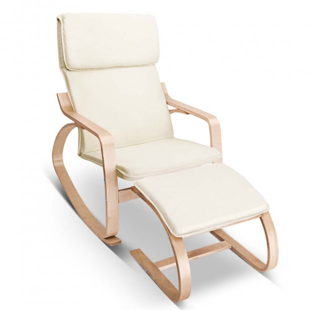 Birch Plywood Fabric Lounge Rocking Chair Beige - with Foot Stool
