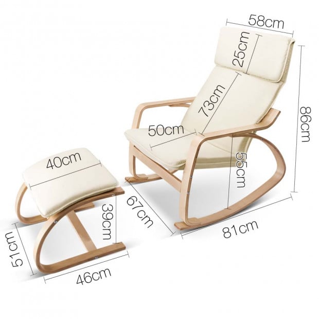 Birch Plywood Fabric Lounge Rocking Chair Beige - with Foot Stool Image 2