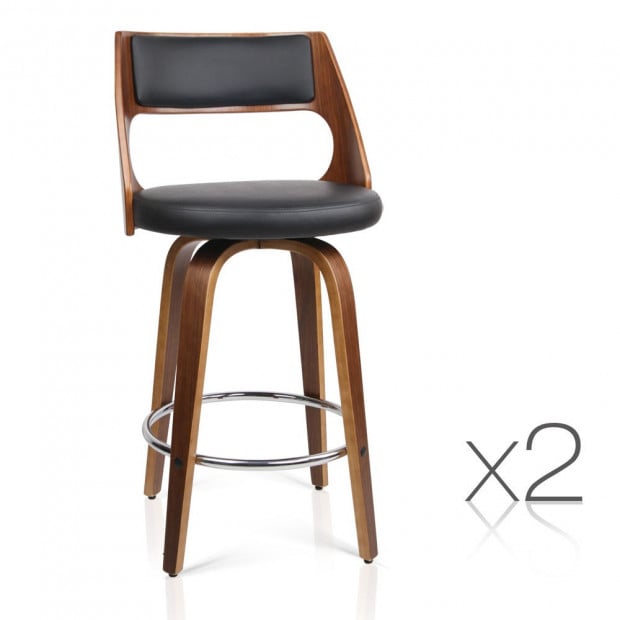 Set of 2 PU Leather Bar Stool with Chrome Footrest Black