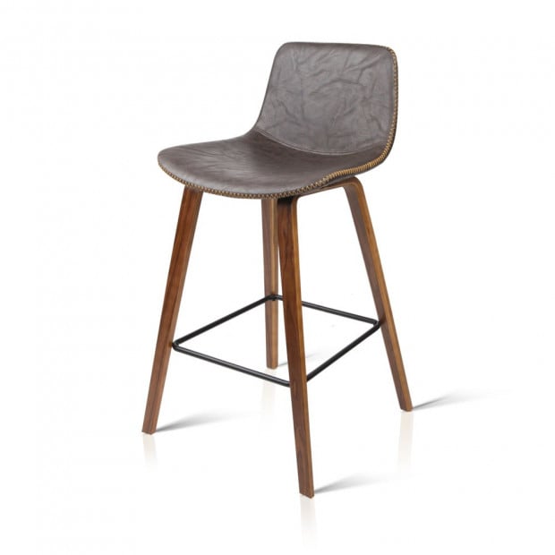 Set of 2 Wooden Bar Stool Faux Leather Padded Seat- Walnut Image 10