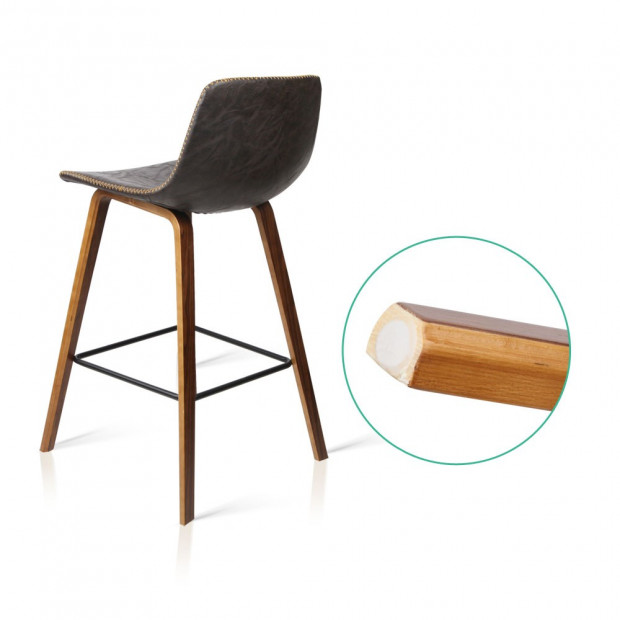 Set of 2 Wooden Bar Stool Faux Leather Padded Seat- Walnut Image 7