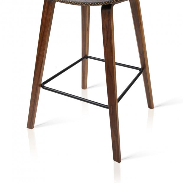 Set of 2 Wooden Bar Stool Faux Leather Padded Seat- Walnut Image 3