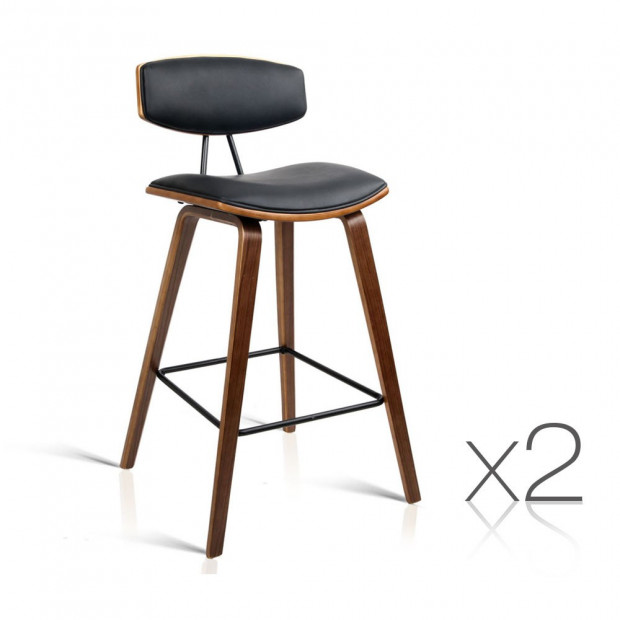 Set of 2 Faux Leather Wooden Bar Stool with Metal Footrest - Black