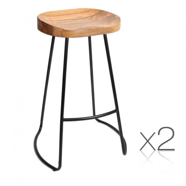 Set of 2 Steel Barstools with Wooden Seat Natural