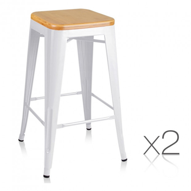 2 x Tolix Replica Metal Steel Bamboo Seat Bar stool 66 cm White