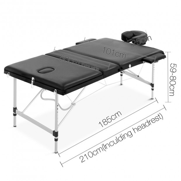 Portable Aluminium 3 Fold Massage Table Chair Bed Black 80cm Image 10