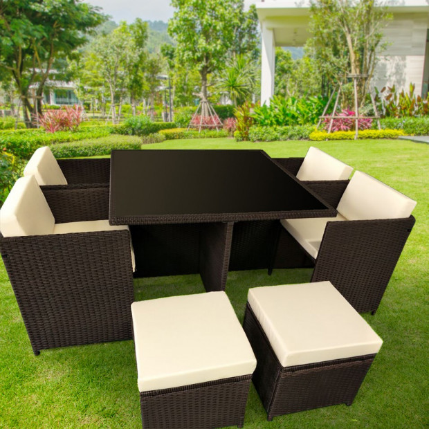 9pc PE Rattan Cube Dining Garden Outdoor Furniture Set - Brown