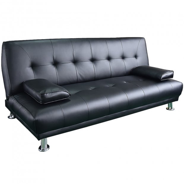 Jolie 3-Seater Faux Leather Futon Sofa Bed with Pillows by Sarantino - Black Image 2